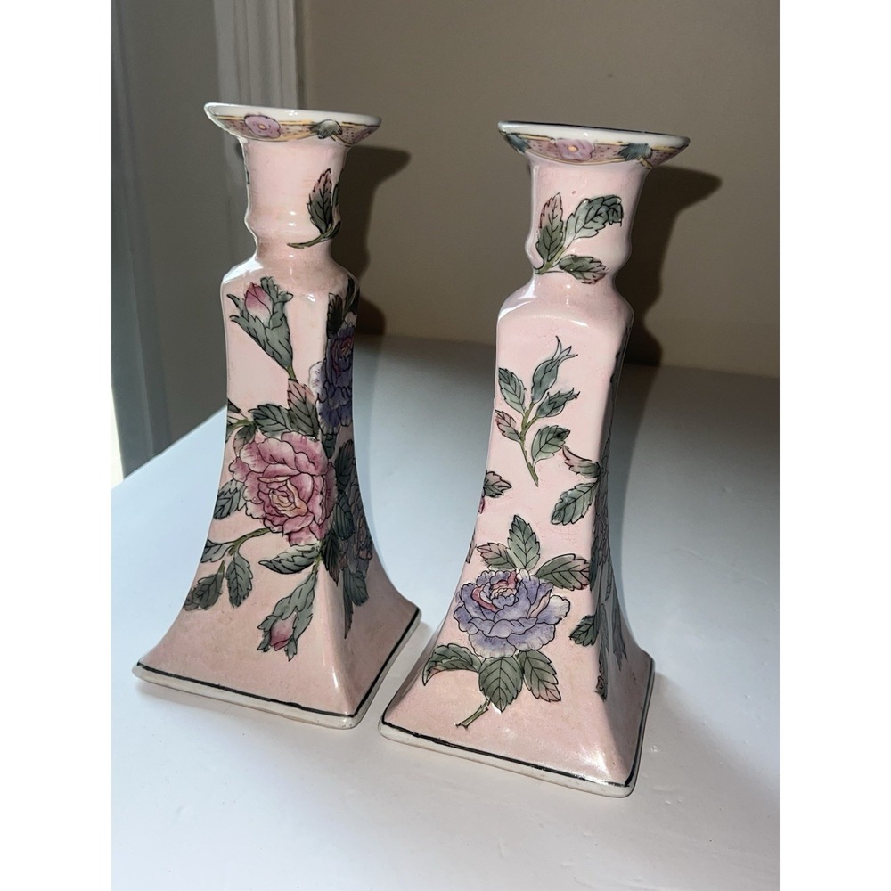 Hand Painted Porcelain Candle Sticks‎ Ivory Embossed Pink Roses 8.5" Romantic